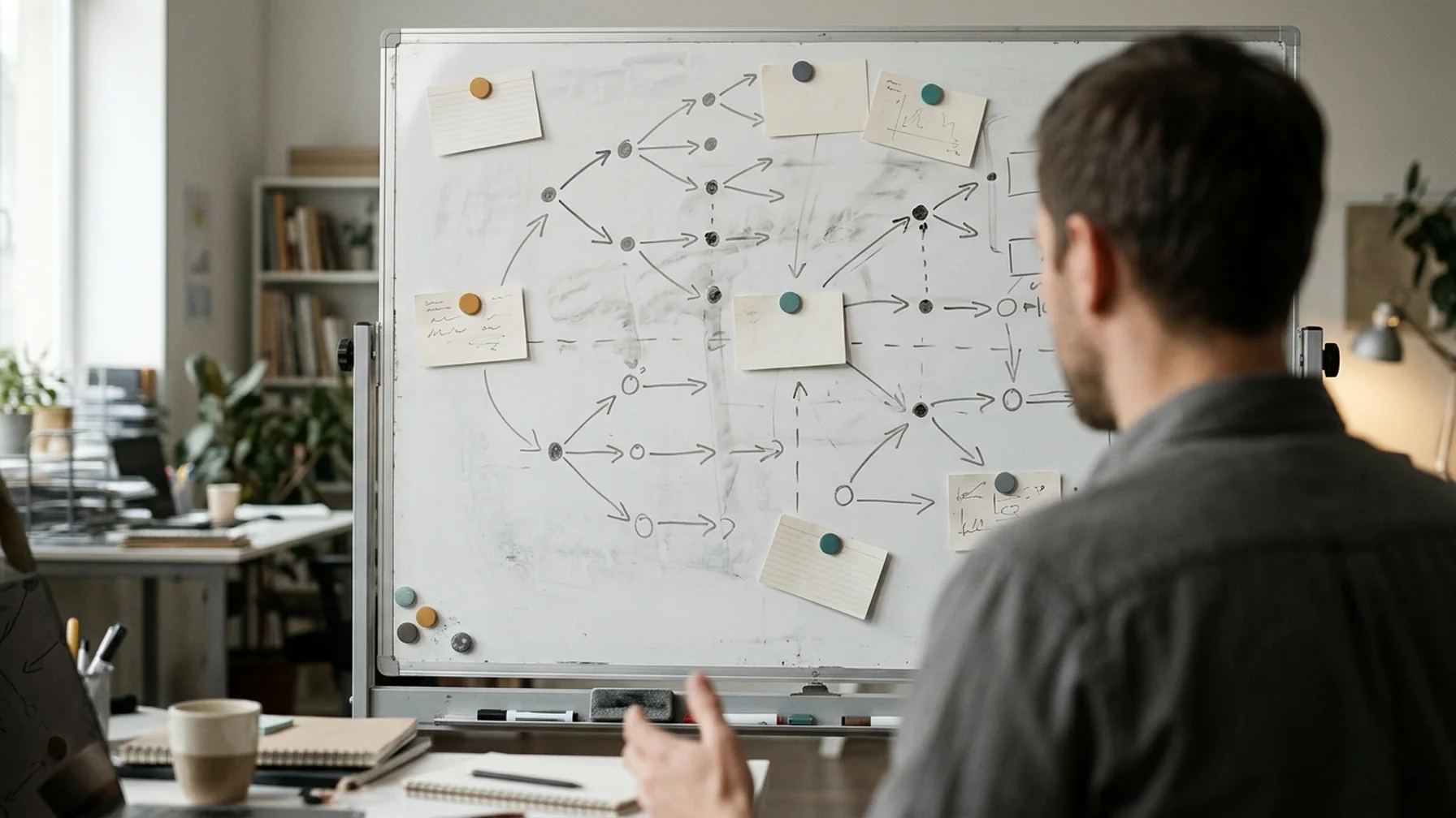 Analyst reviewing overlapping conversion paths drawn on a whiteboard with magnets and index cards, office daylight