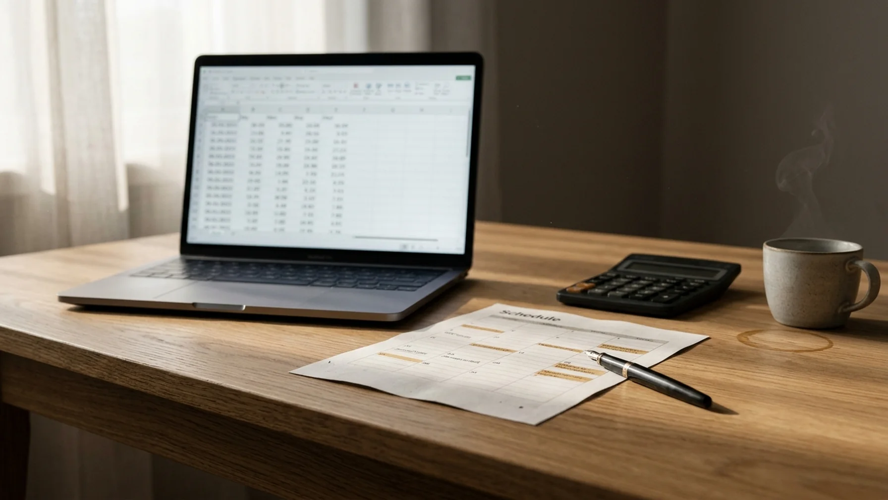 A desk with a laptop showing a spreadsheet of partner payments, a printed payout schedule, and a calculator beside a cup of coffee