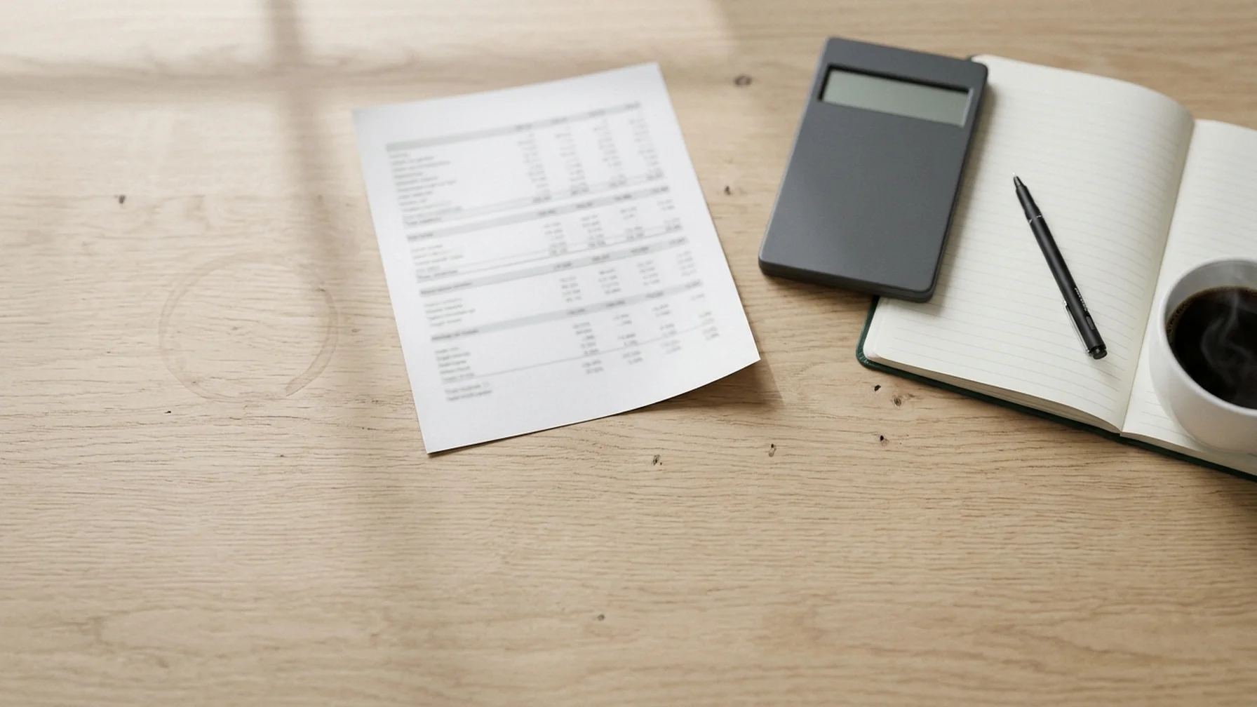 A desk with a printed commission tier table, a calculator, and a pen resting on a notebook, lit by soft window light.